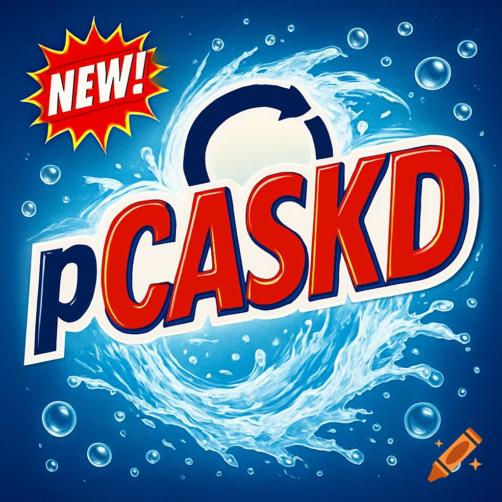 Blue product banner for 'pCASKD' in a laundry detergent style, with a white water splash, bubbles, and a red starburst saying 'NEW!'.