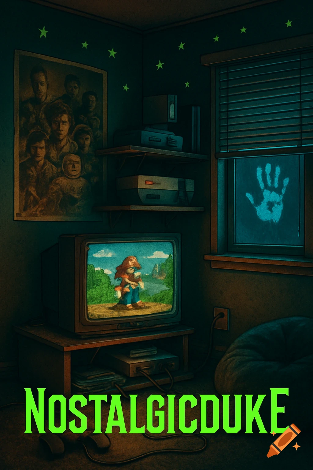 A dark, atmospheric 90s-style room with a CRT TV playing a retro video game, vintage consoles on shelves, glow stars on the wall, and a glowing handprint on the window. The word "NOSTALGICDUKE" in green is at the bottom.