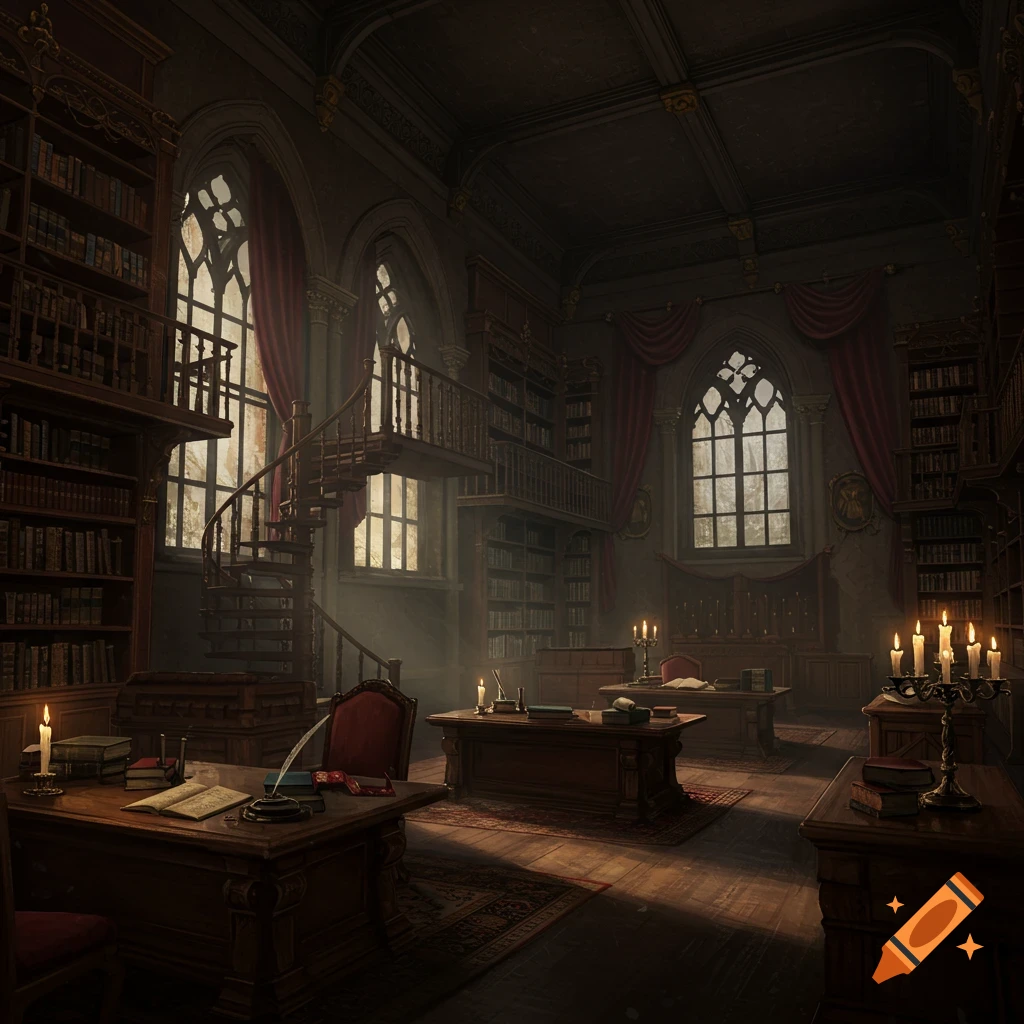 A grand, dimly lit old library with gothic windows, a spiral staircase, bookshelves, and desks with candles and open books.