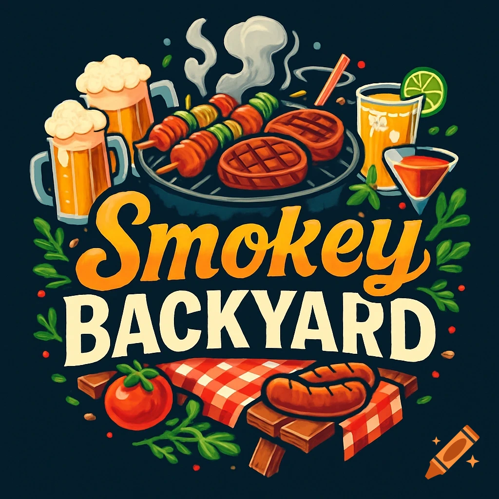 Colorful illustration logo for 'Smokey Backyard' with BBQ grill, skewers, steaks, beer, and drinks.