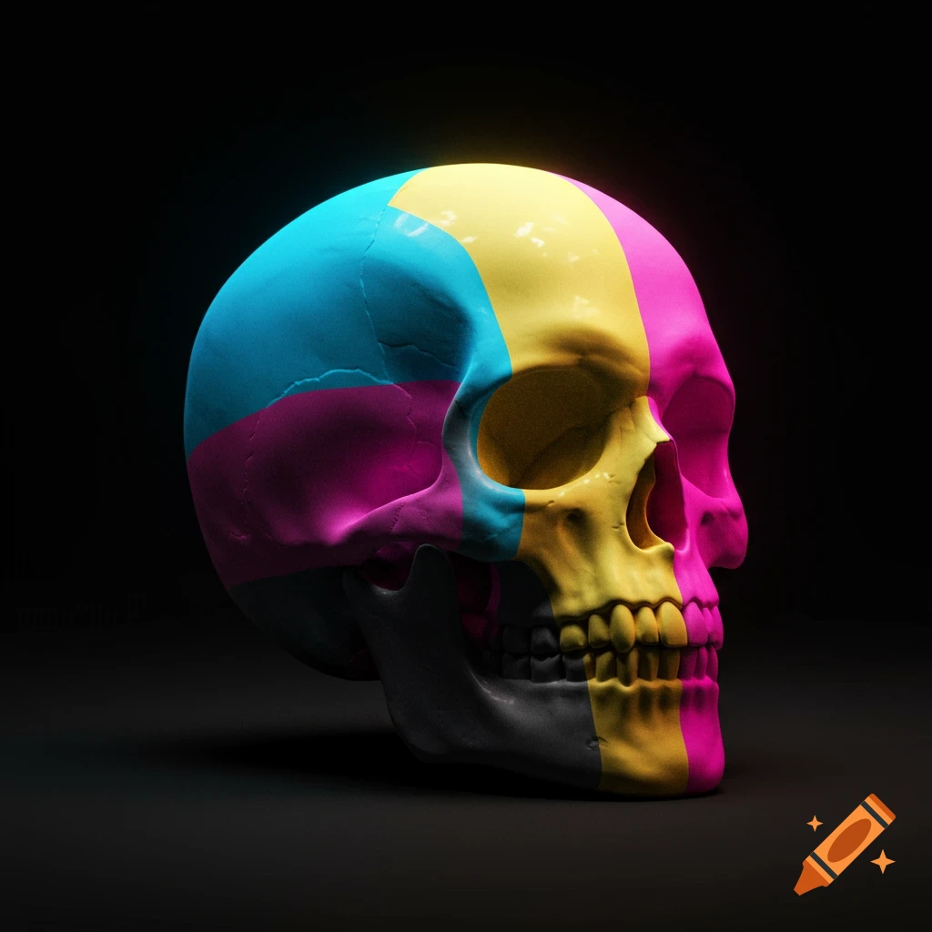 A side view of a human skull painted with sections of cyan, magenta, yellow, and black against a dark background.