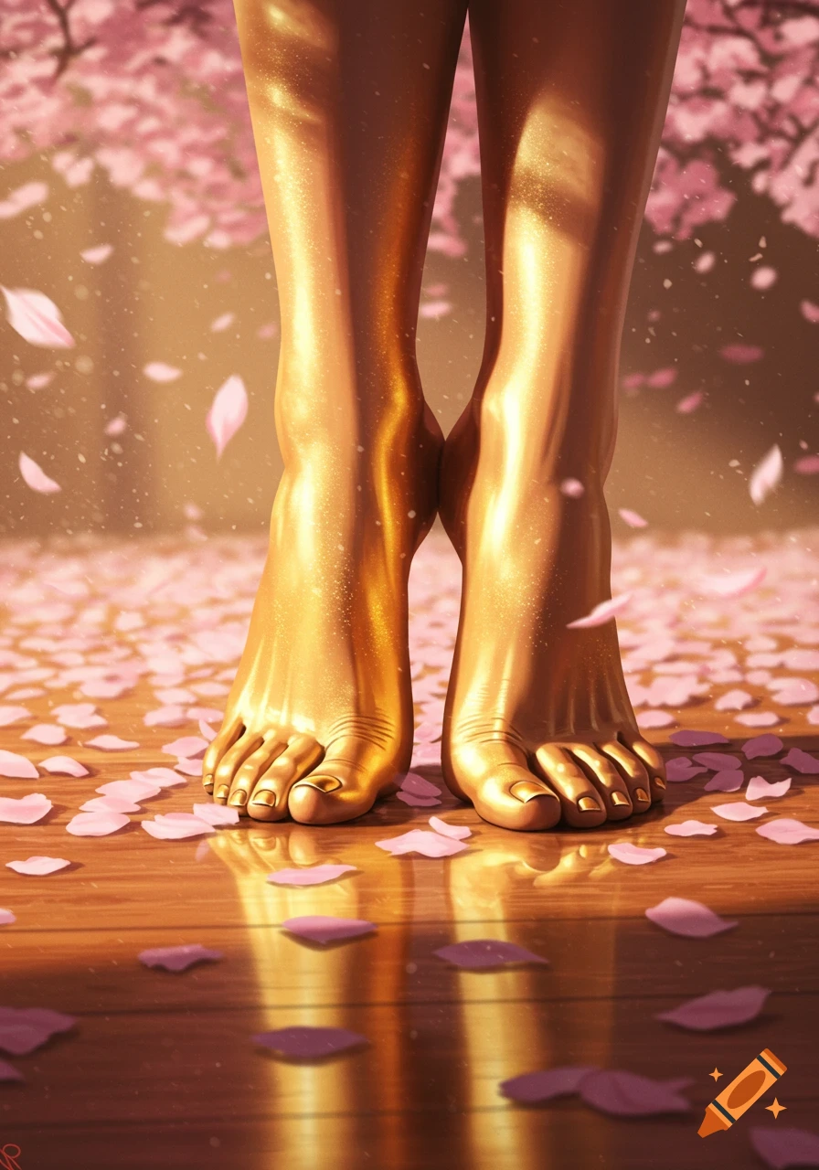 Golden legs and feet standing on a wooden floor covered with pink cherry blossom petals.