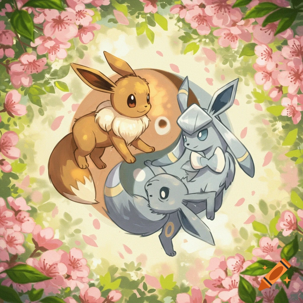 Eevee, Glaceon, and Umbreon in a yin-yang formation surrounded by pink cherry blossoms and green leaves in an anime art style.