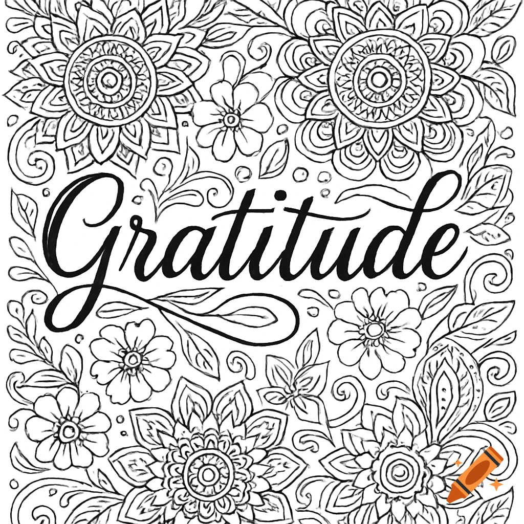 Black and white line art coloring page with the word Gratitude in script, surrounded by floral designs.
