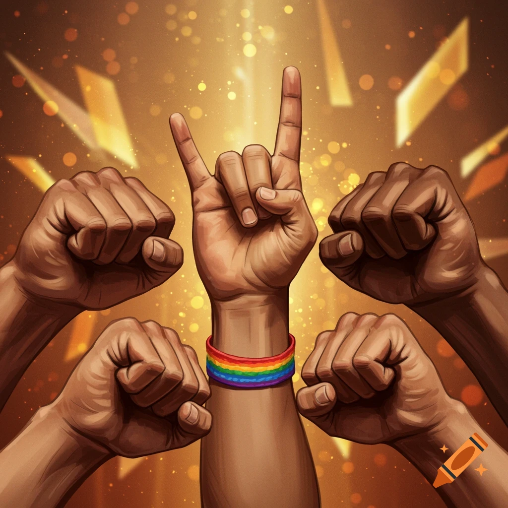 Illustration of multiple hands: one with a rainbow bracelet making a rock-horns gesture, surrounded by four clenched fists, against a golden glowing background.