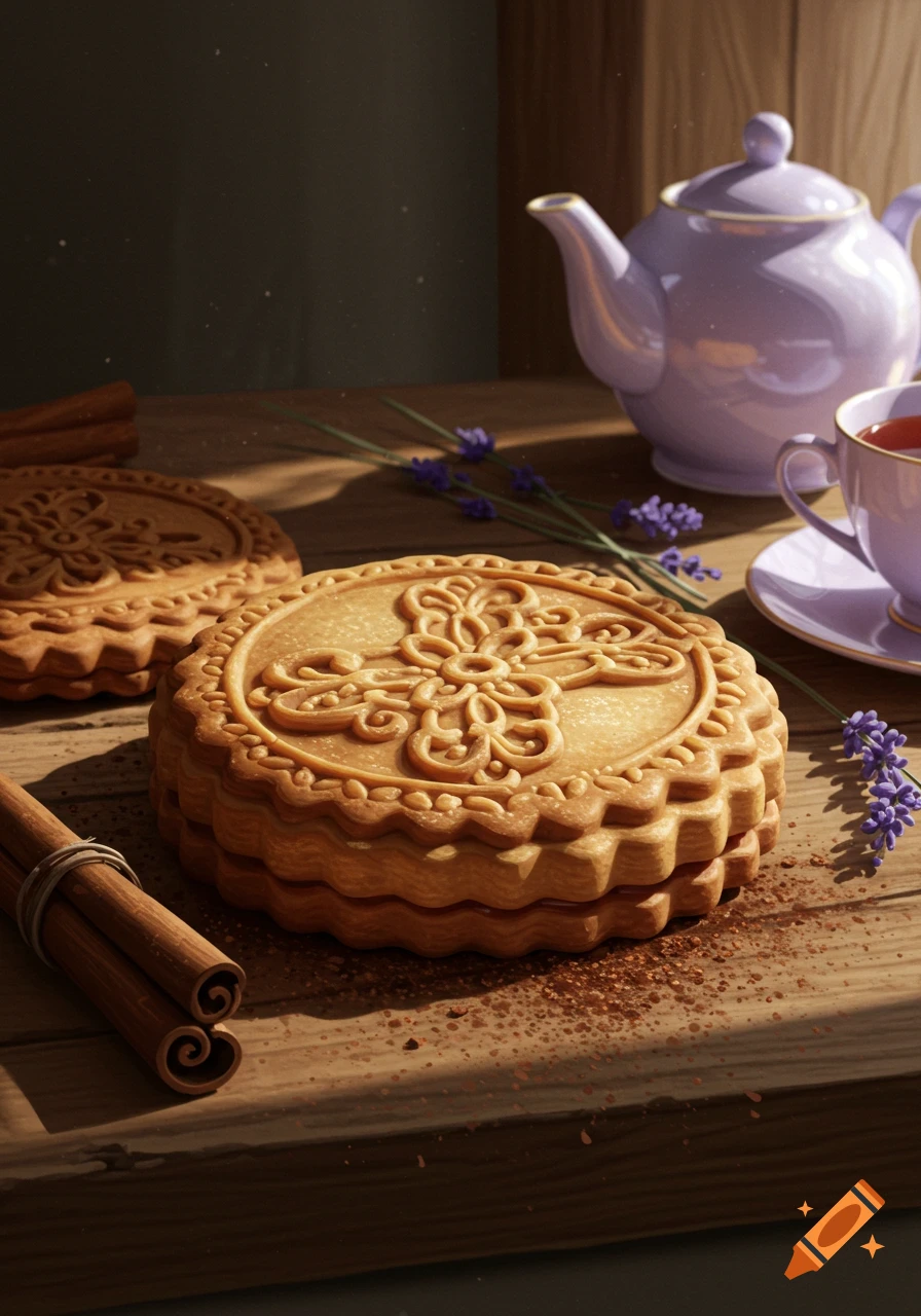 Photorealistic close-up of decorative cookies, cinnamon sticks, and a purple teapot with a teacup on a wooden table.