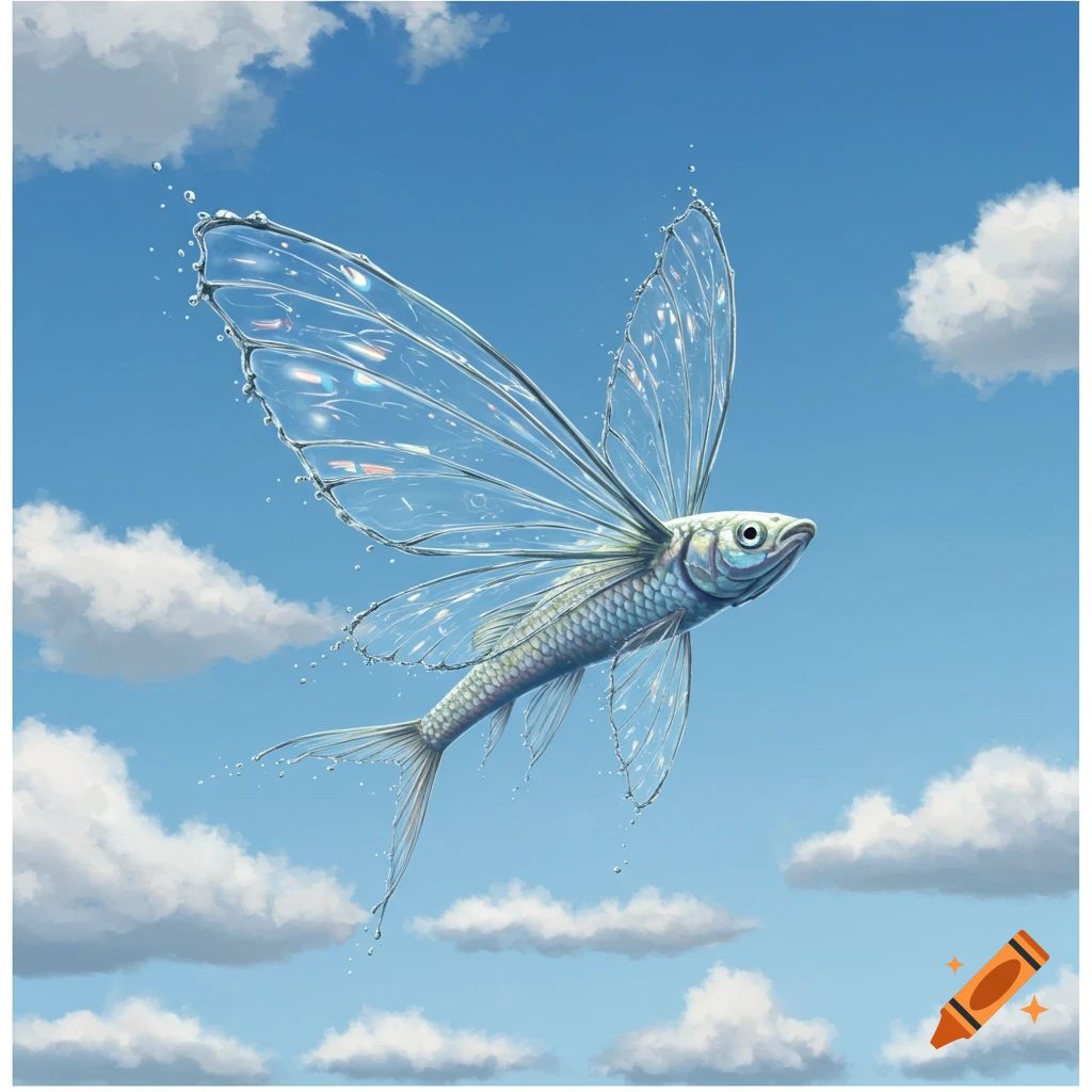 A flying fish with translucent water wings soars through a blue sky with fluffy white clouds.