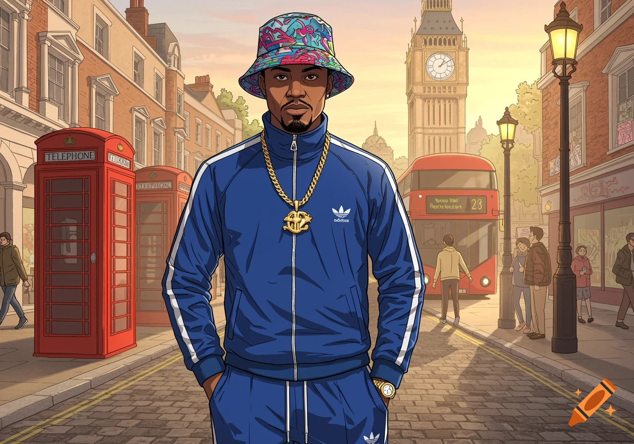 A cartoon man in a blue tracksuit, gold chain, and colorful bucket hat stands on a London street with red phone booths and a double-decker bus, Big Ben in the background.