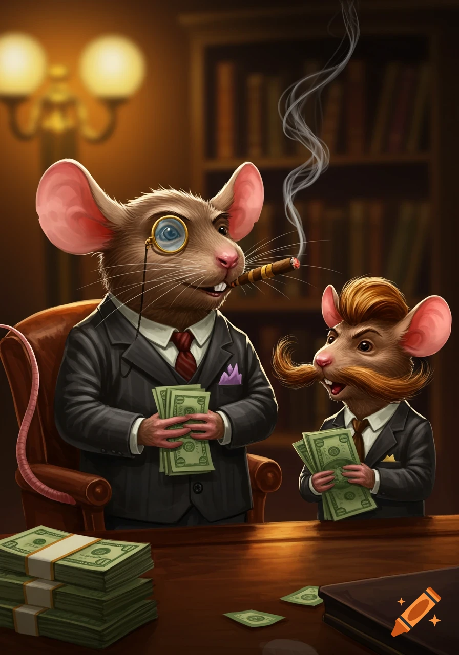 Two anthropomorphic mice in suits with money, one with a monocle and cigar, the other with a large mustache, in a study.