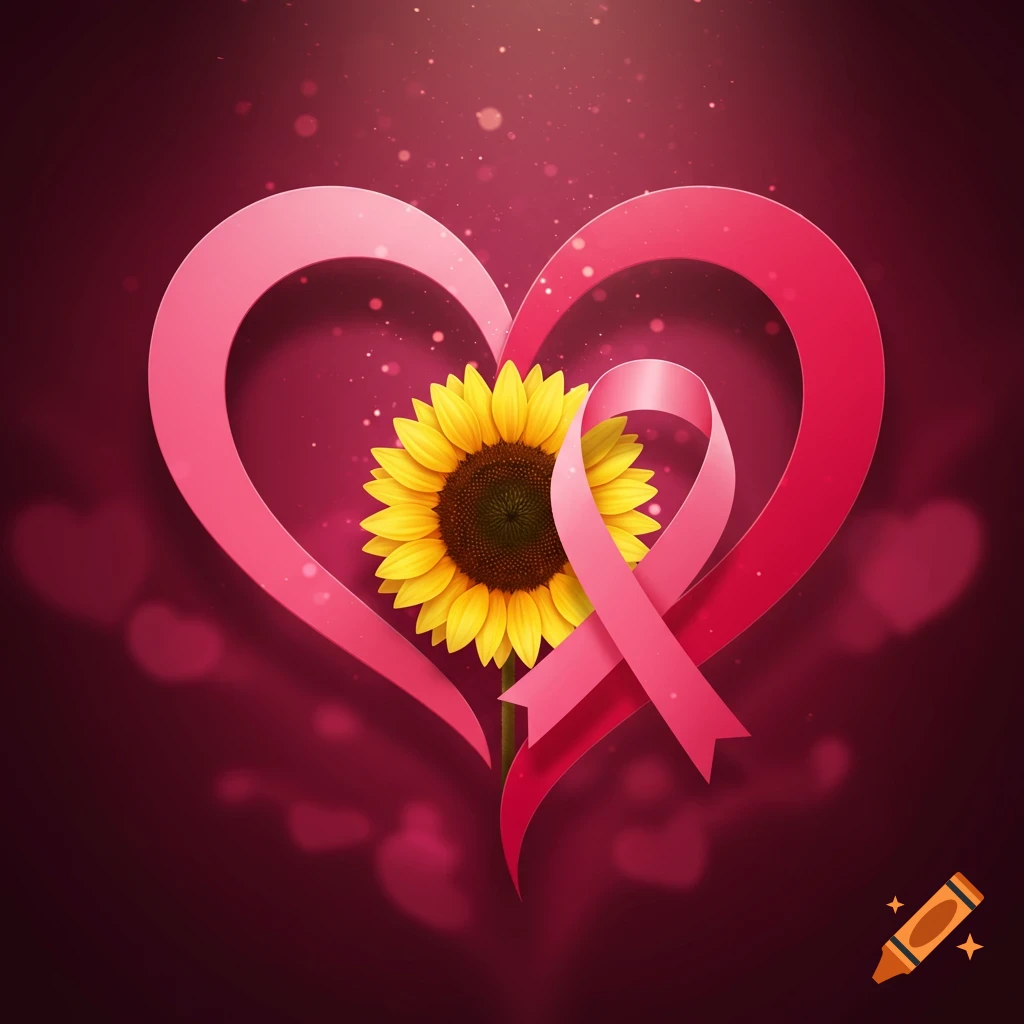 A bright yellow sunflower centered within a pink heart, intertwined with a pink breast cancer awareness ribbon, on a dark pink background.