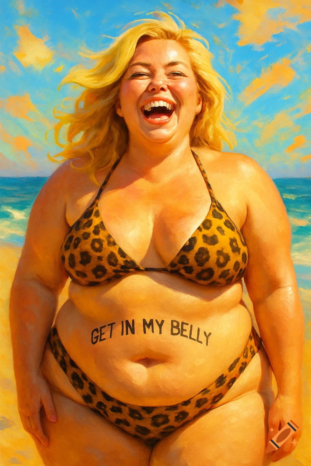 A laughing blonde woman in a leopard print bikini on a sunny beach. "GET IN MY BELLY" is on her stomach. Painterly style.
