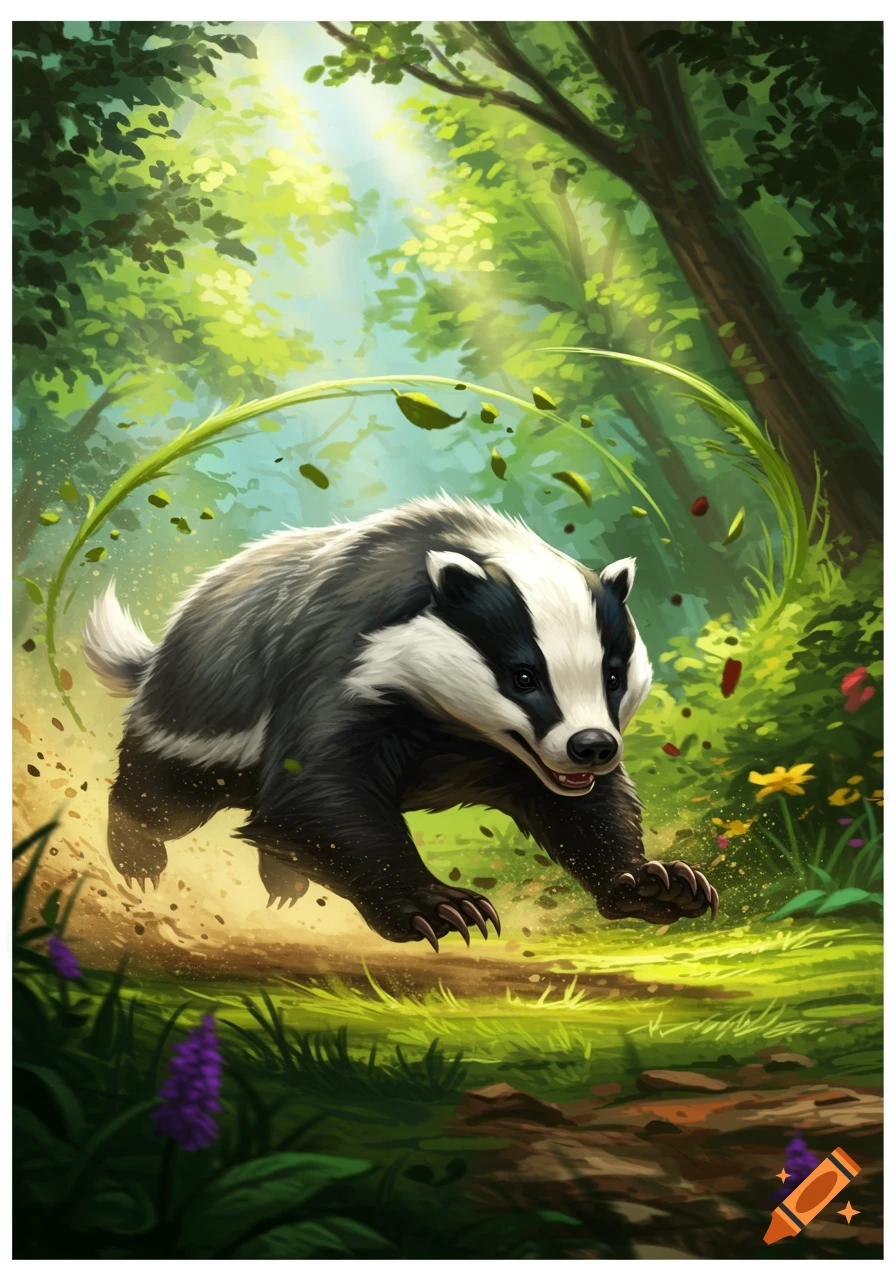 A dynamic, brightly colored illustration of a badger bounding through a sunlit forest, kicking up dirt and leaves.