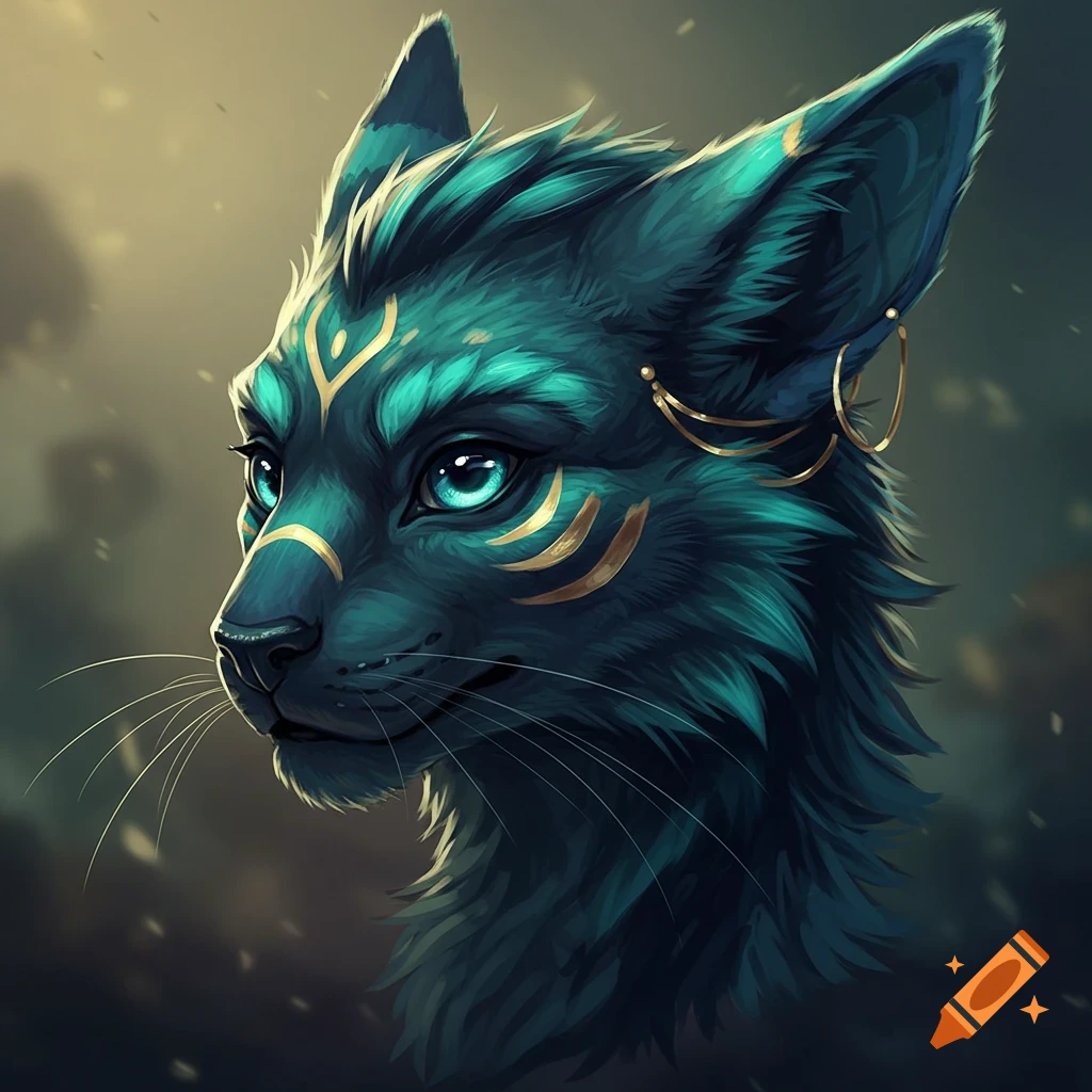 Headshot of a stylized teal-furred creature with glowing blue eyes and gold markings in a fantasy art style.