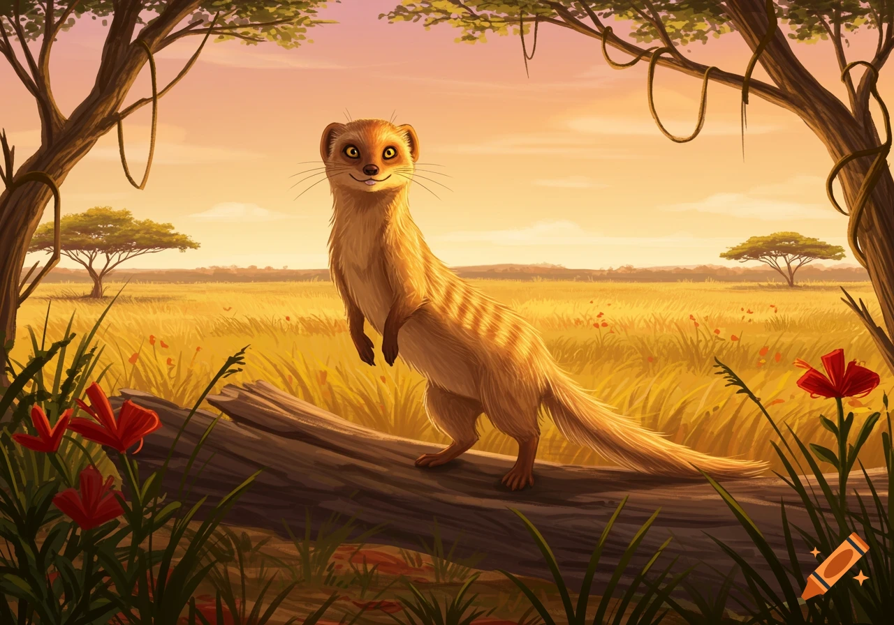 A cartoonish mongoose stands on a log in a golden savanna at sunset, framed by trees and foliage.