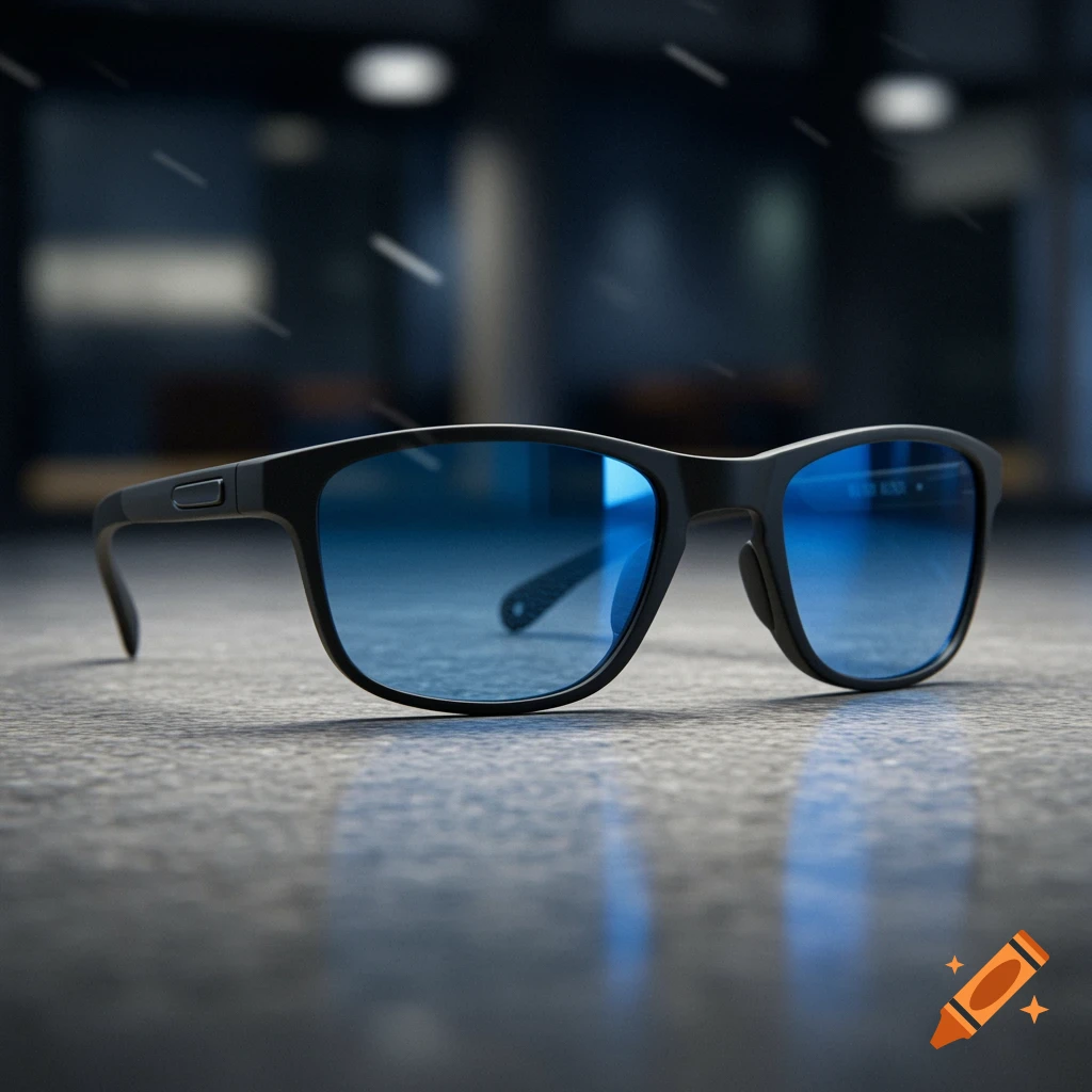 Close-up of black frame sunglasses with blue tinted lenses resting on a dark, textured surface, photorealistic style.
