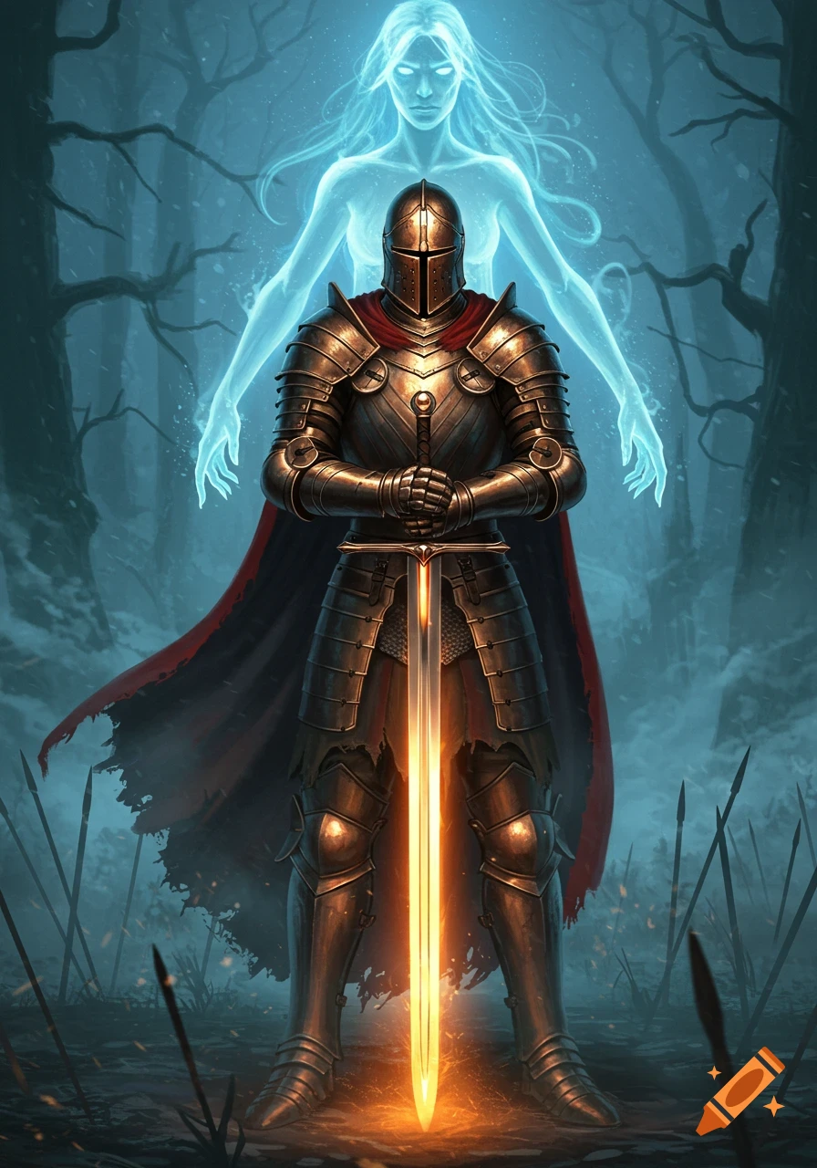 A knight in golden armor holds a glowing sword, with a translucent blue ghost behind him in a dark, misty forest.
