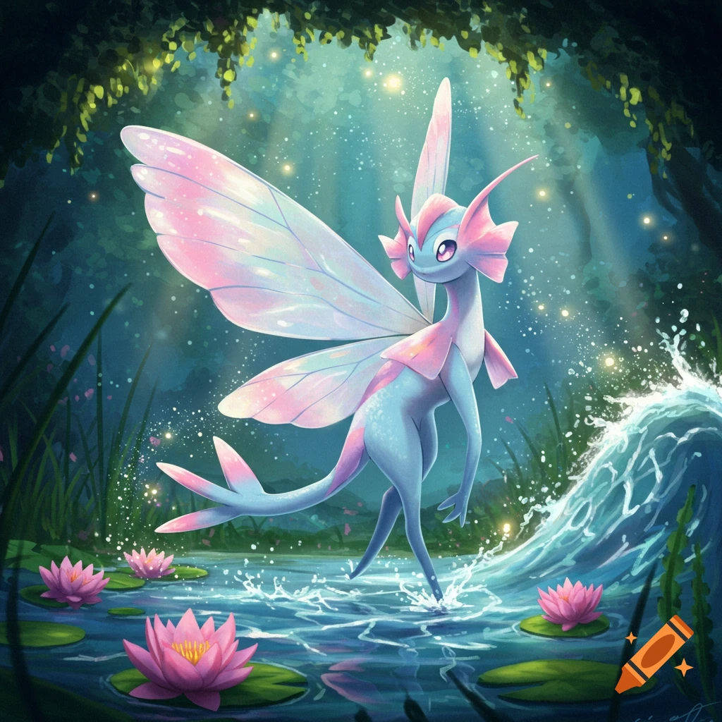 A vibrant illustration of a blue and pink fairy-like Pokémon stepping through a magical forest pond with lotus flowers and water splashes.