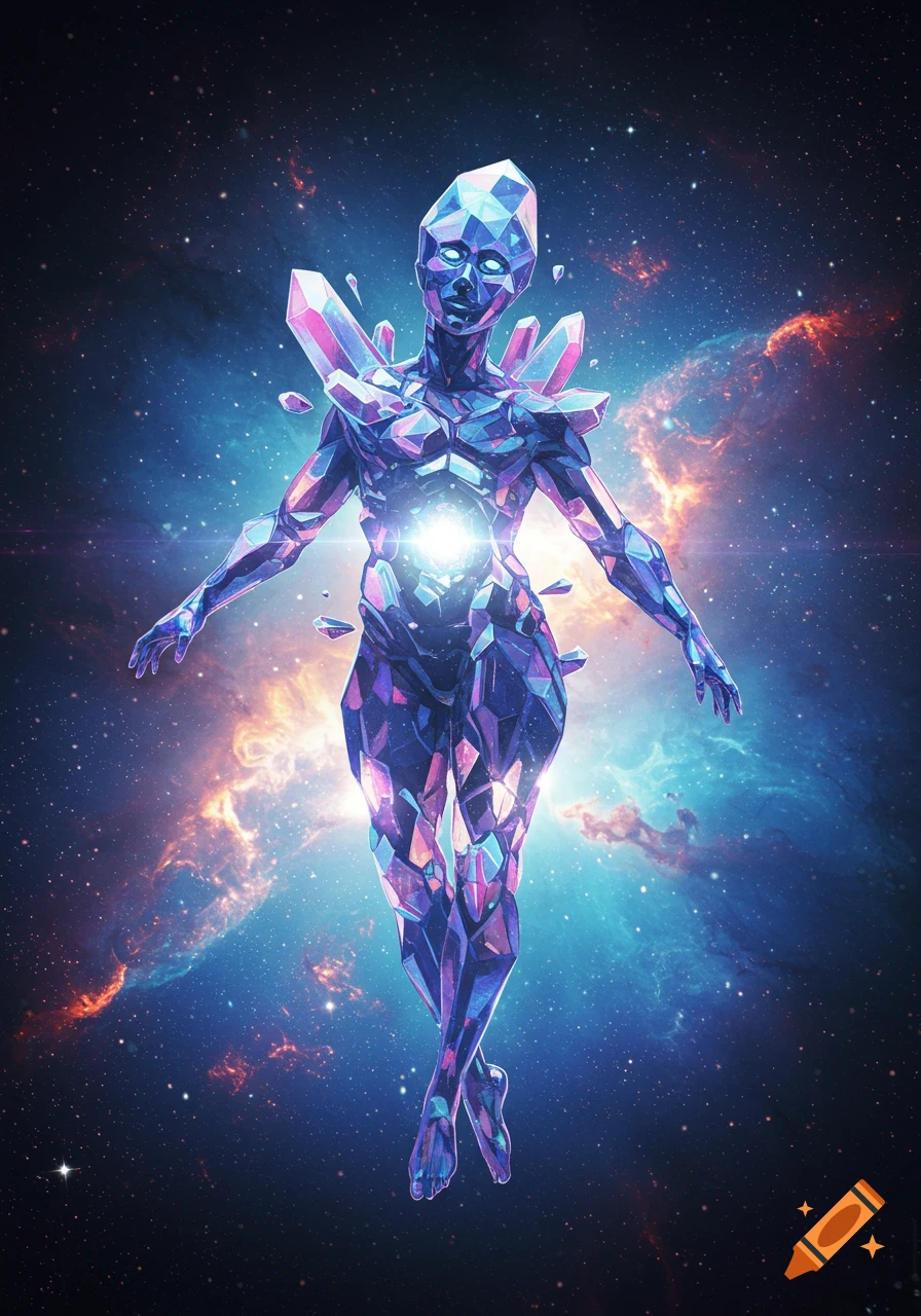 A shimmering crystal humanoid figure floats gracefully in deep space, surrounded by a vibrant, swirling nebula and stars.