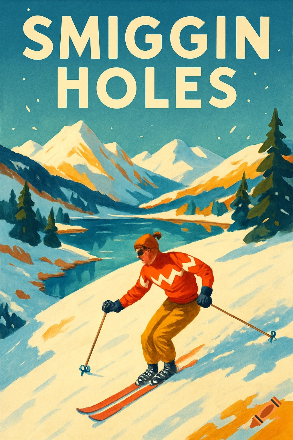 Retro ski poster depicting a skier on a snowy slope with mountains and a lake in the background, text reads 'SMIGGIN HOLES'.