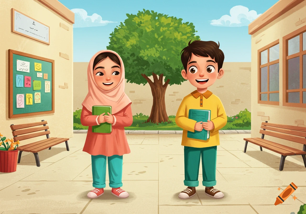 Cartoon illustration of a boy and girl in an Iranian schoolyard, smiling and holding books.