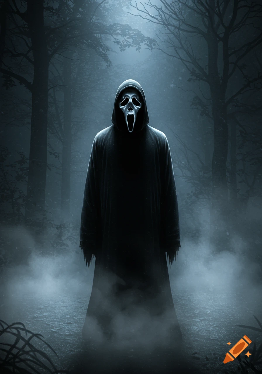 Ghostface standing in a dark, misty forest, shrouded in fog and shadow, in a photorealistic horror style.