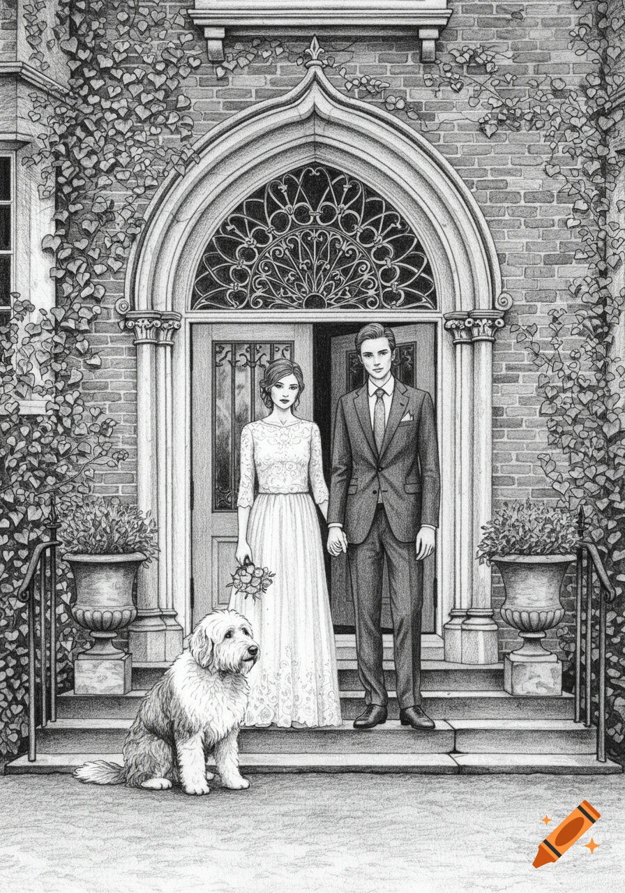 A pencil drawing of a newlywed couple holding hands, standing outside a mansion door with a white fluffy dog seated in front of them.