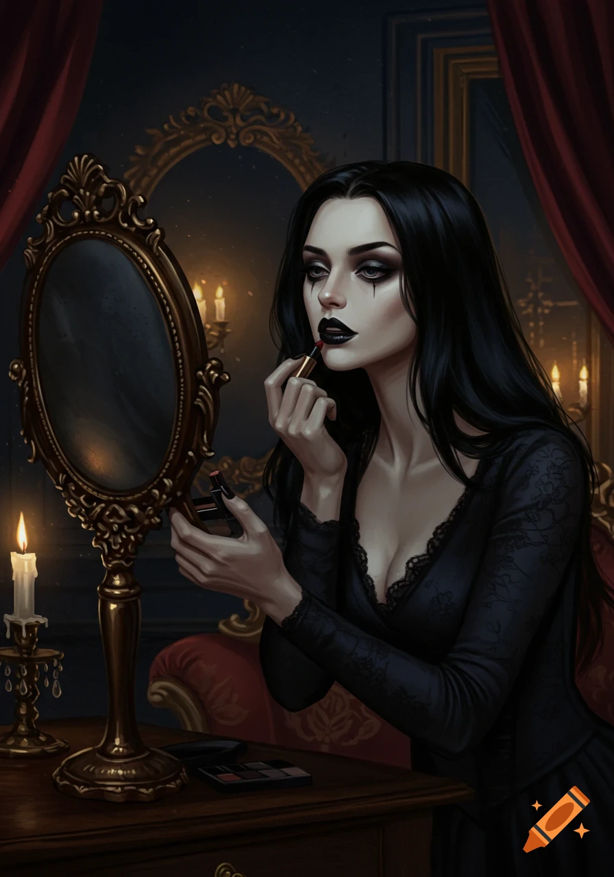 A gothic woman with dark makeup applies black lipstick in an ornate mirror in a dimly lit, opulent room.