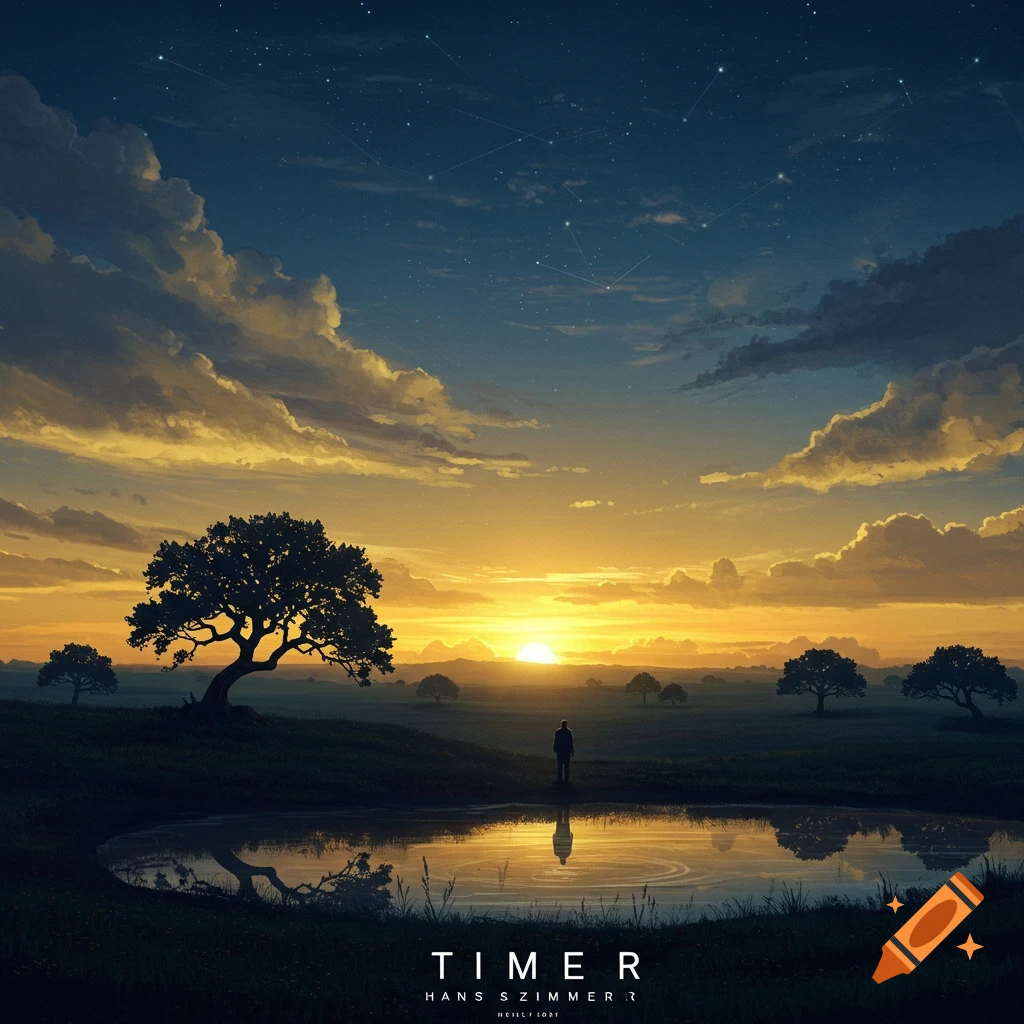 A person stands by a pond reflecting a vibrant sunset over a field with silhouetted trees and a starry sky.