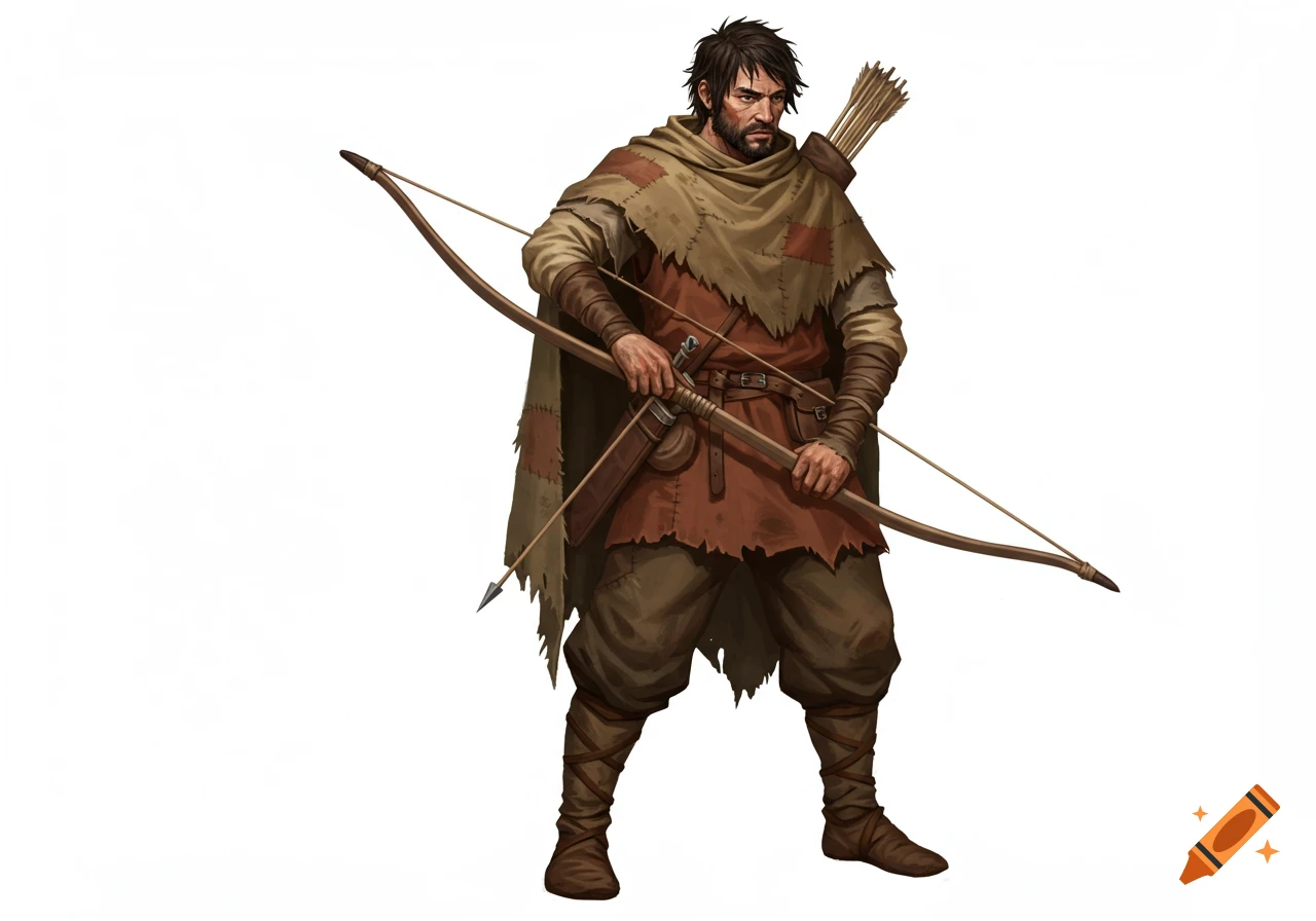 A rugged medieval peasant archer stands holding a bow, with a quiver of arrows on his back, set against a white background.