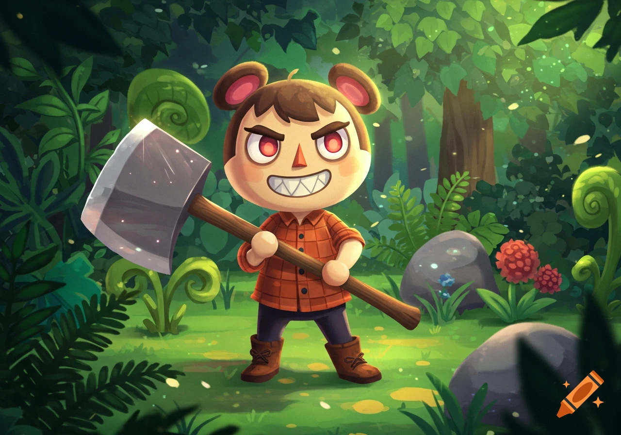 An Animal Crossing villager with brown hair and a plaid shirt holds an axe menacingly in a lush green forest setting.