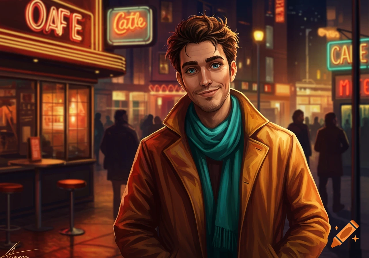 Digital art illustration of a smiling man in a brown coat and turquoise scarf, standing on a neon-lit city street at night.