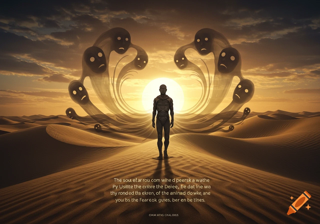 A solitary figure stands in a vast desert at sunset, surrounded by swirling, ghostly entities with blank, sad mask-like faces.