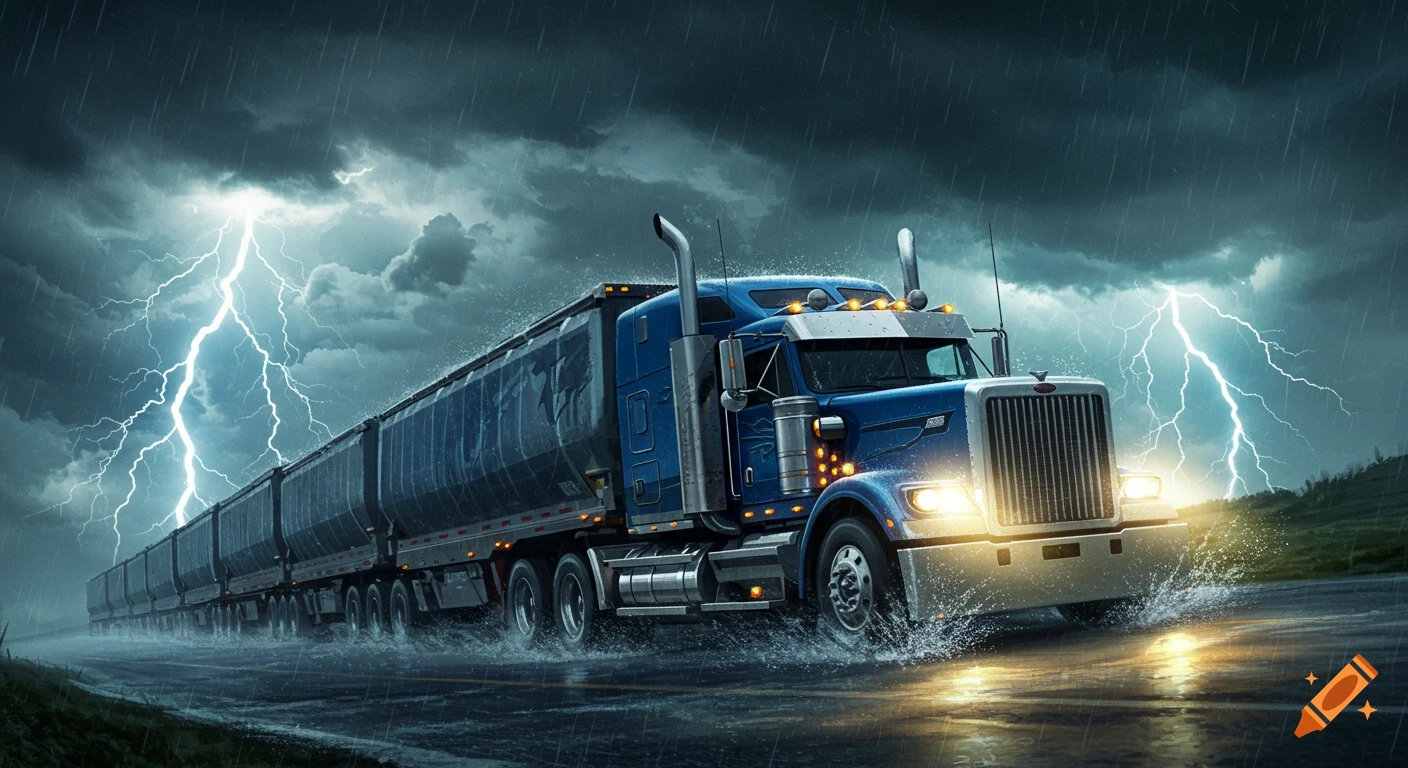 A blue semi-truck with a long train of trailers drives on a wet road through a severe thunderstorm with lightning. Photorealistic.