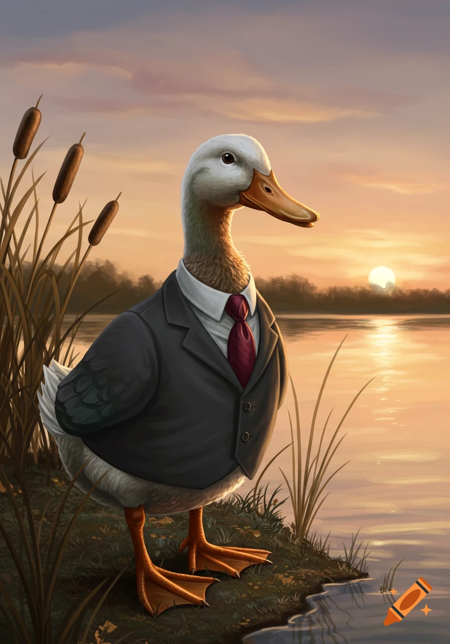 An anthropomorphic duck in a suit and tie stands by a lake with reeds at sunset, digital painting.