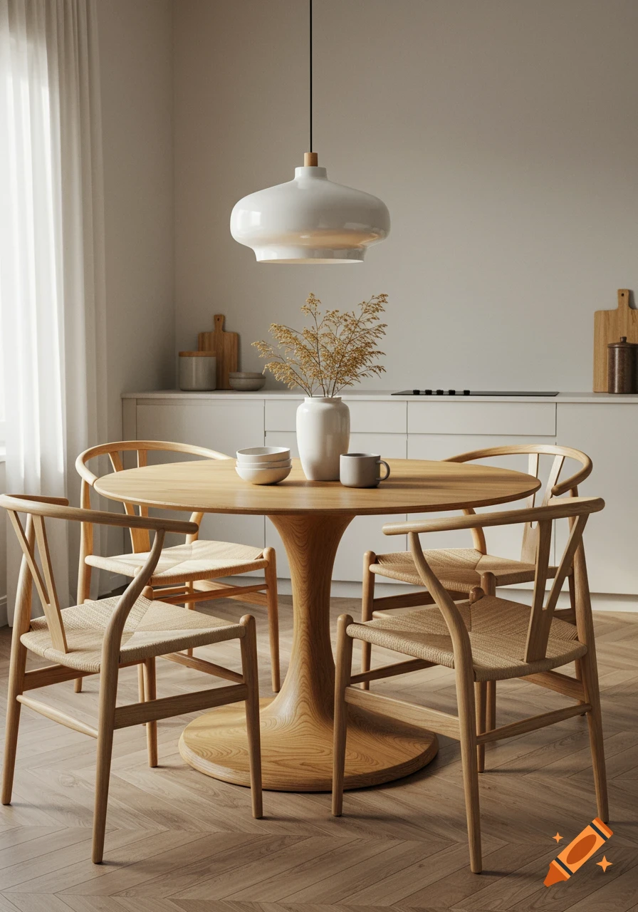 A round natural wood dining table with four Sweden minimalist wishbone chairs in a modern kitchen with a white overhead light.