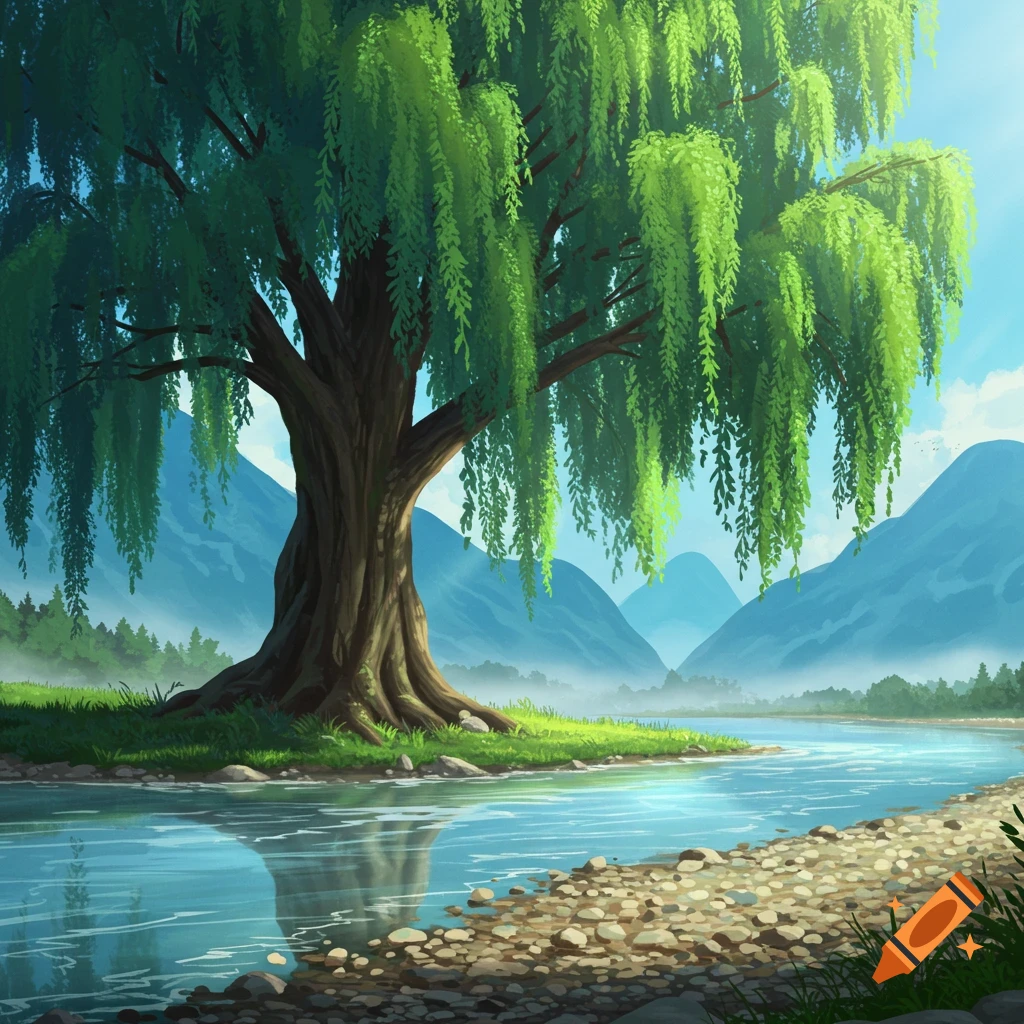 A vibrant green giant willow tree stands by a flowing river with a rocky bank. Blue, rounded mountains are in the background under a bright sky.