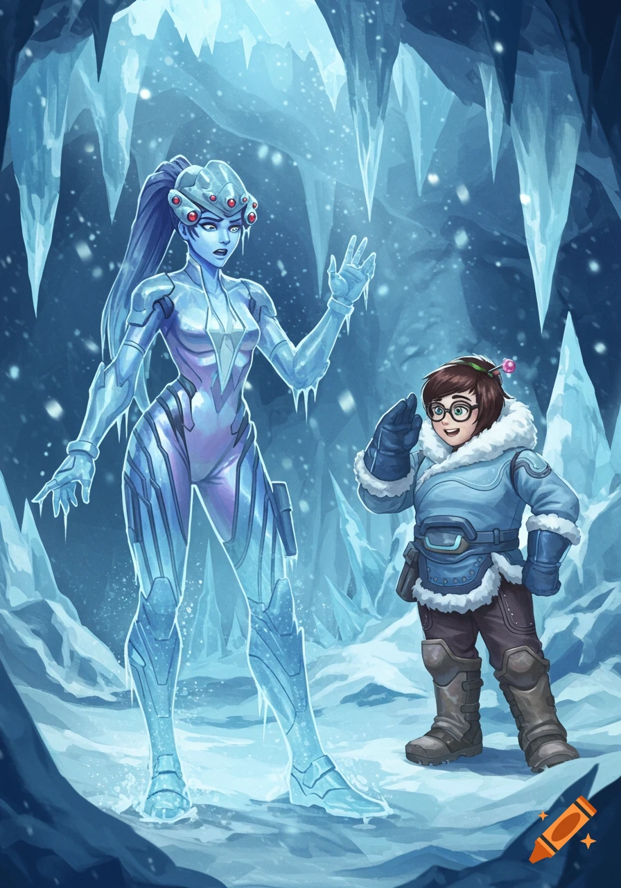 An illustration of an icy blue Widowmaker ice statue looking surprised as Mei smiles and waves in a snowy ice cave with icicles.