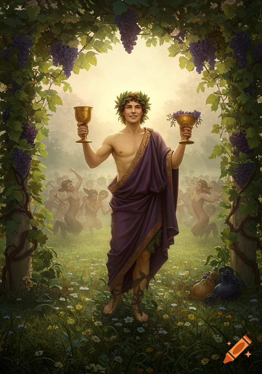 A neoclassical painting of Bacchus standing under a grape vine arch, holding golden chalices, with blurry satyrs in a field.