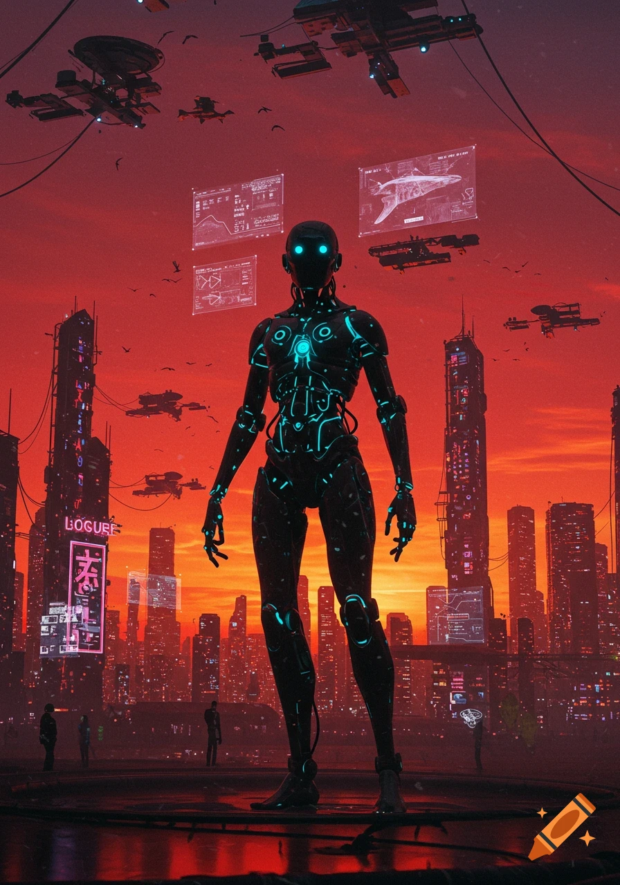 A tall black robot with glowing blue eyes and lines stands in a futuristic red-skied city with flying vehicles and holographic displays.