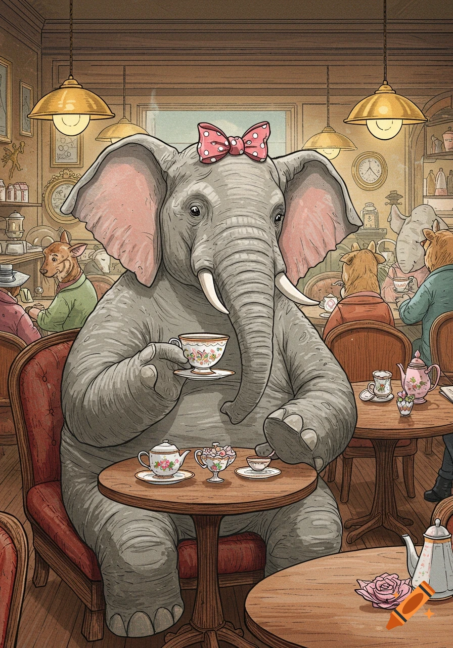 A whimsical illustration shows a friendly elephant wearing a pink bow, sitting in a cozy cafe, holding a teacup with its trunk, with other animals in the background.