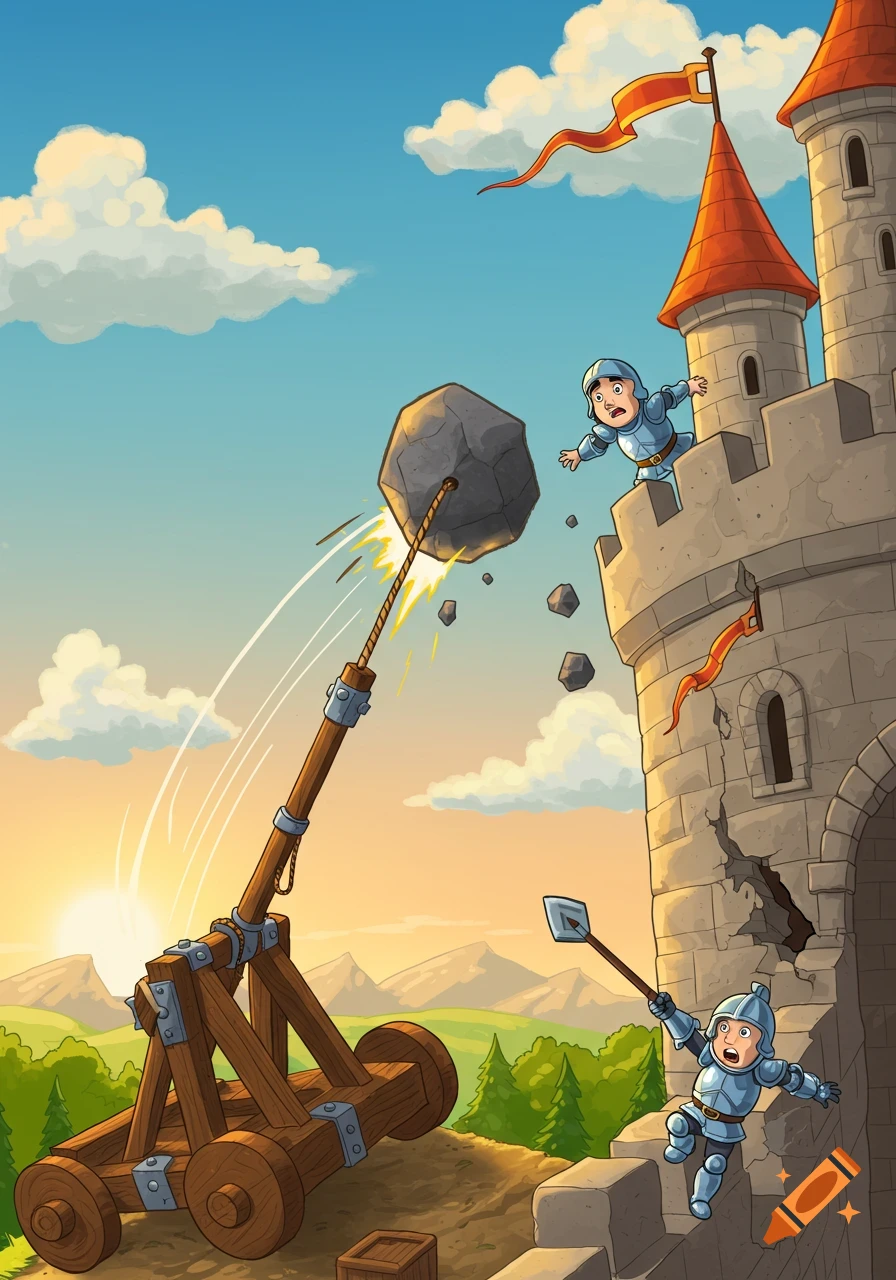 A cartoon-style image of a large rock launched from a catapult hitting a castle battlement, startling a knight.