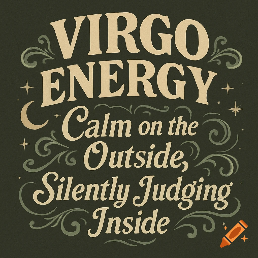 Retro typography design with 'VIRGO ENERGY Calm on the Outside, Silently Judging Inside' in light colors with decorative elements.