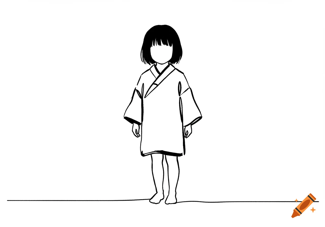 A black ink line drawing of a child with short hair, wearing a kimono-like garment, standing on a white background.
