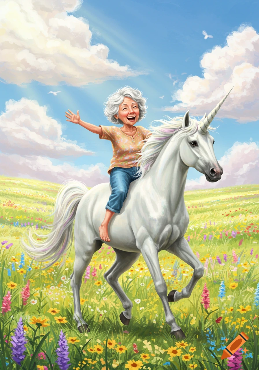 Happy elderly woman with white hair rides a white unicorn through a vibrant wildflower meadow under a sunny sky in an illustration.