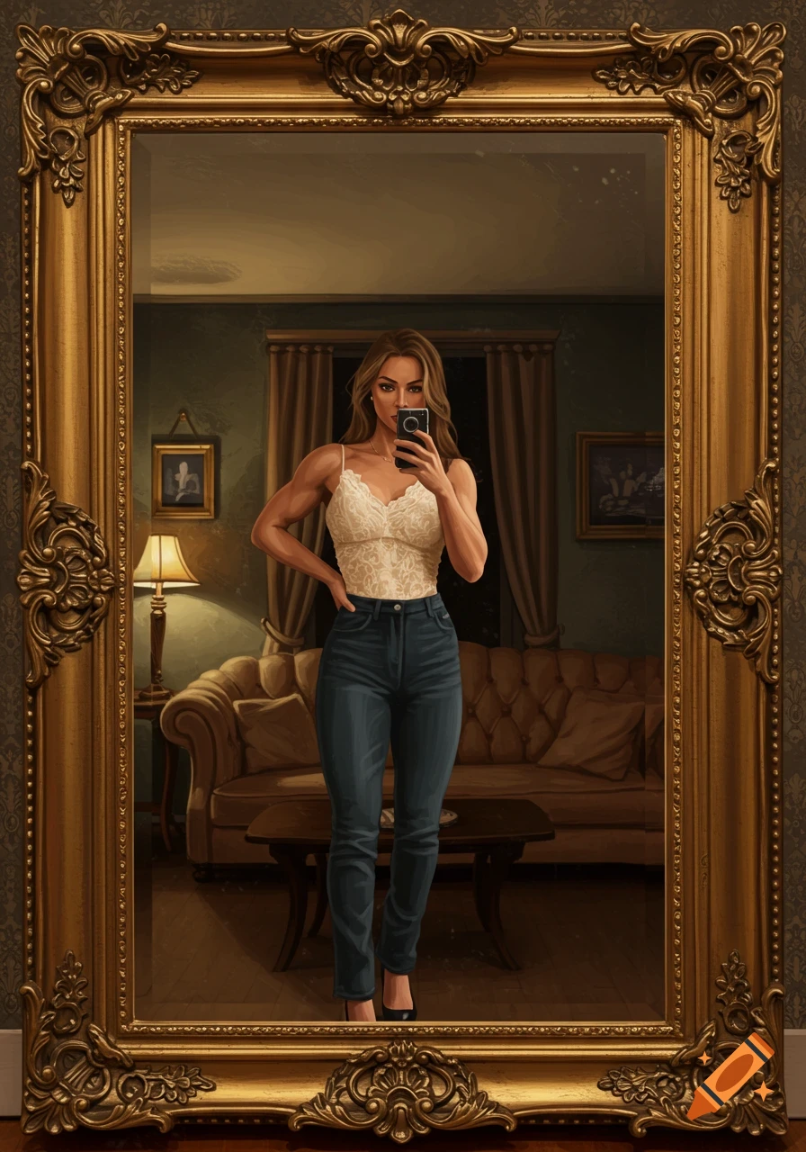 A woman in a white lace top and jeans takes a mirror selfie in a gilded frame, reflecting a living room with a sofa.