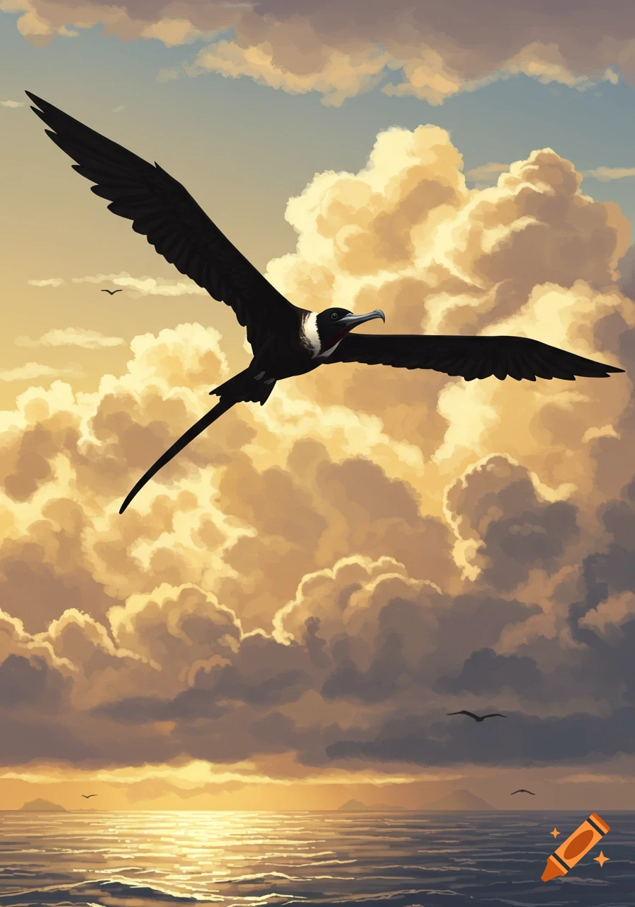 A black frigatebird soars over a golden ocean under a dramatic cloudy sunset sky.