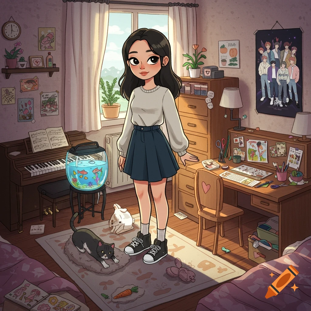 A cartoon girl with black hair stands in her sunlit bedroom with a black cat, white bunny, fish tank, piano, and a K-pop poster.