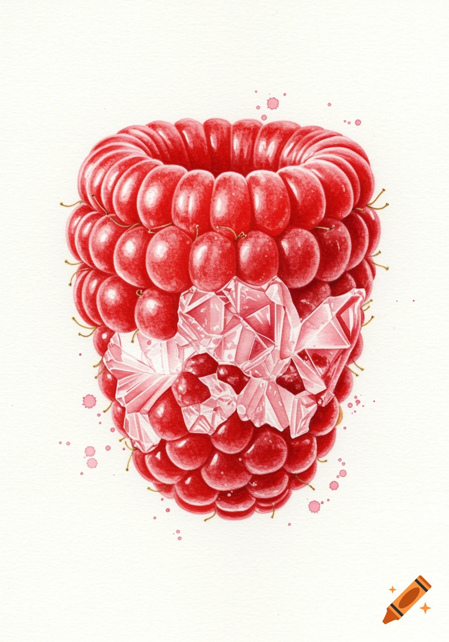Watercolor painting of a raspberry transforming into pink crystalline structures on a white background.