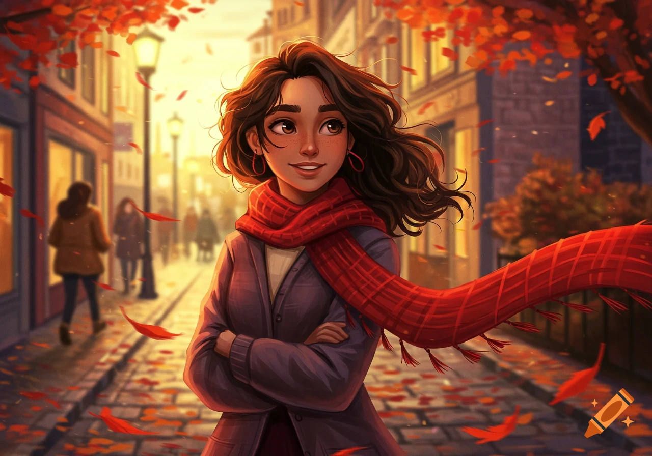 Stylized illustration of a smiling woman with curly hair and a red scarf standing on an autumn city street with falling leaves.