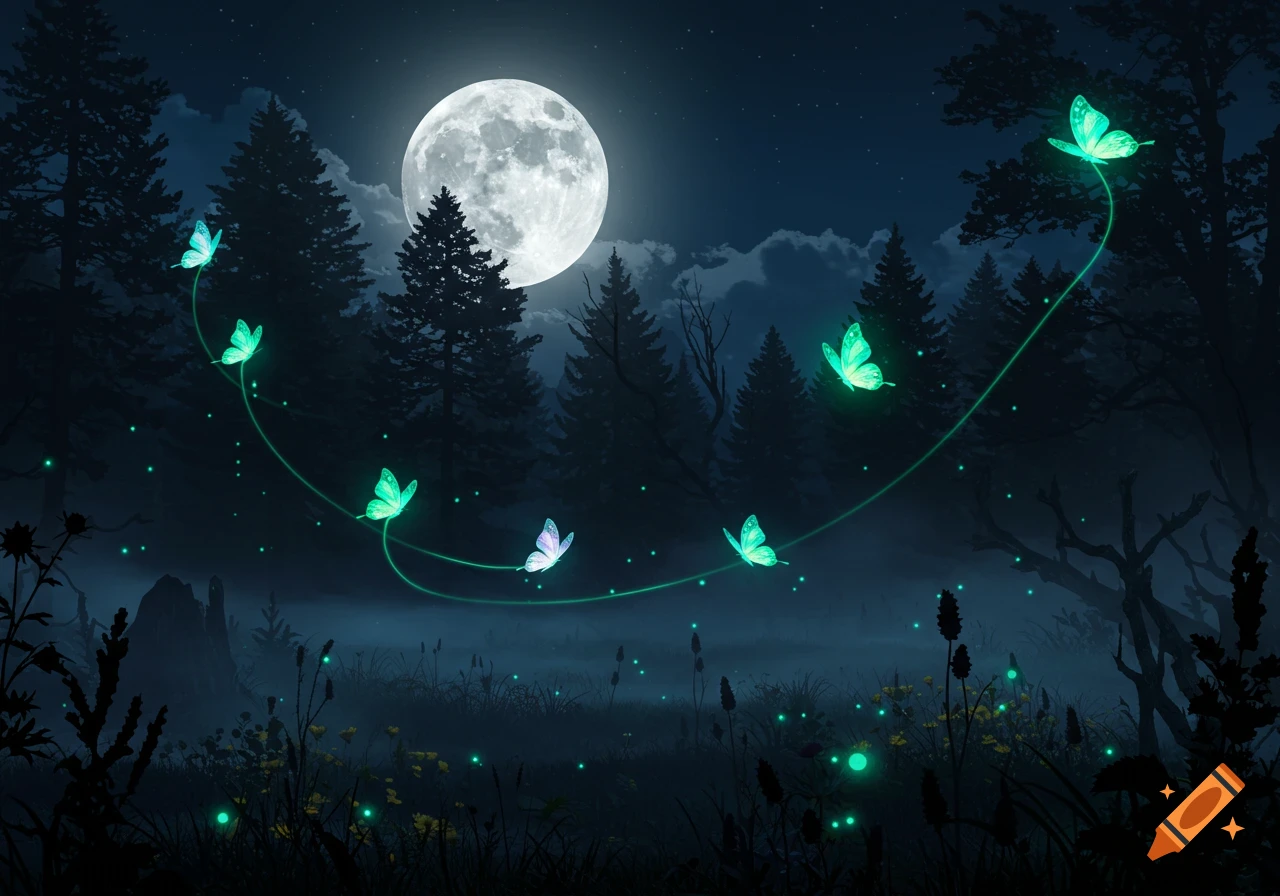 Glowing butterflies fly in an arc across a dark, misty forest at night, illuminated by a large full moon.